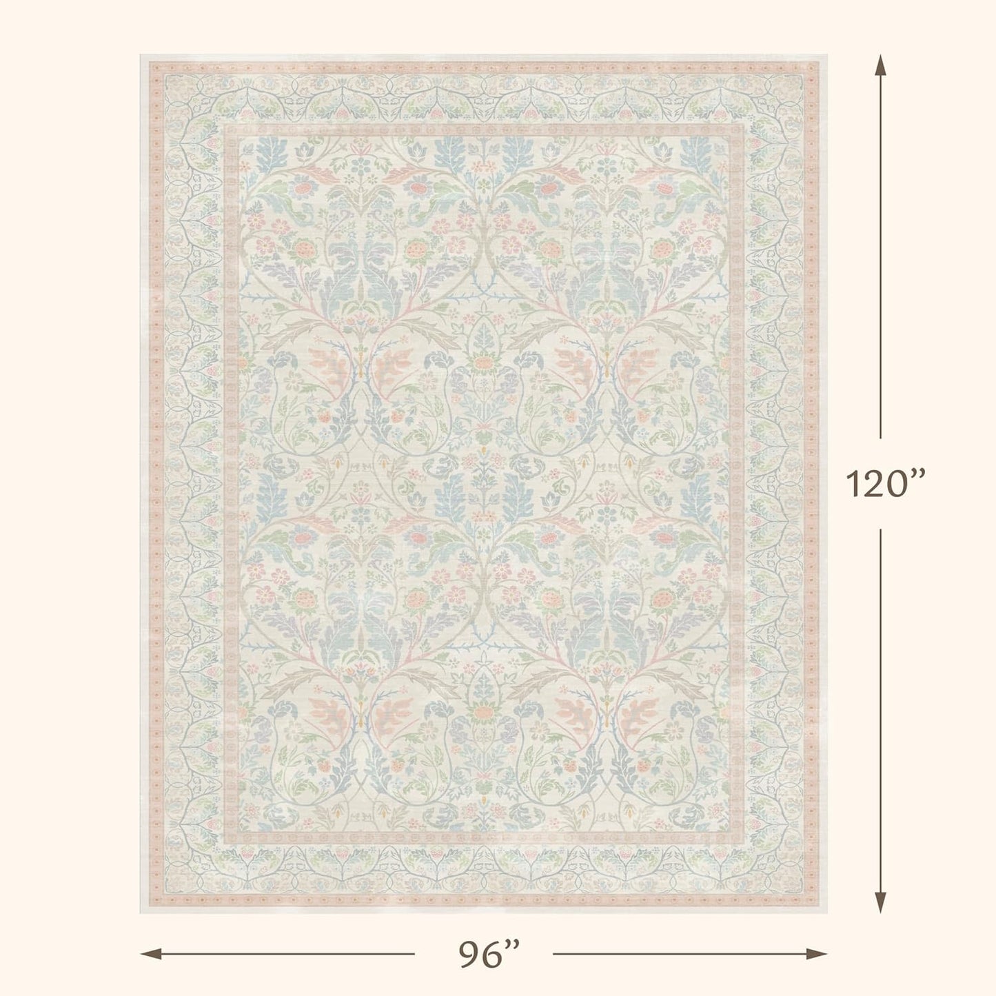 Large 8x10 Floral Cute Oushak Rug for Bedroom, Pink and Blue Washable French Country Area Rug Living Room, Low Pile & Soft Thin Carpet with Botanical and Wildflower Pattern (Cream & Pink)