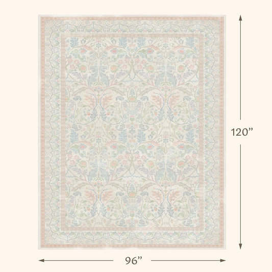 Large 8x10 Floral Cute Oushak Rug for Bedroom, Pink and Blue Washable French Country Area Rug Living Room, Low Pile & Soft Thin Carpet with Botanical and Wildflower Pattern (Cream & Pink)