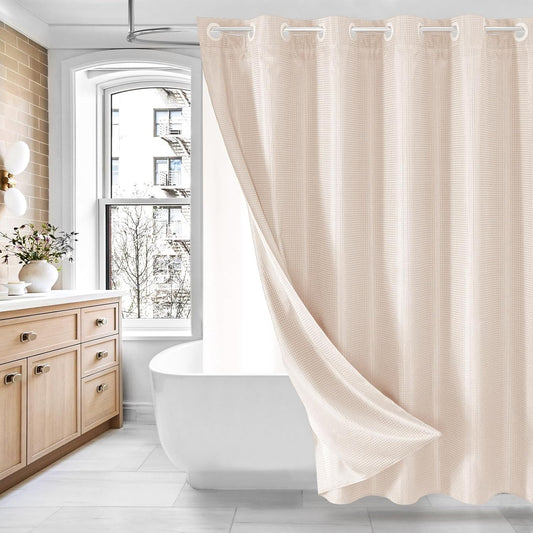 MitoVilla No Hooks Needed Pink Waffle Shower Curtain Liner Set, Modern Waffle Weave Heavy Duty Fabric Cloth Shower Curtain with Snap-in Liner for Luxury Neutral Hotel Spa Bathroom Decor, 72 x 74