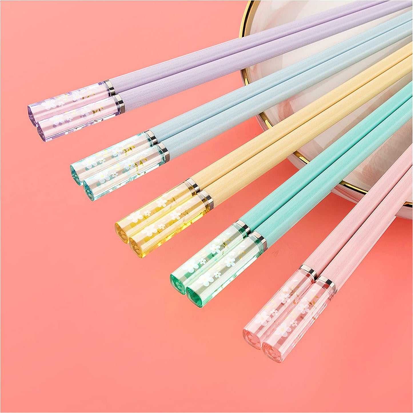 5 Pairs Fiberglass Chopsticks - Amber Cherry Blossom Pattern, Multicolor - Japanese & Korean Chopsticks - Reusable, Dishwasher Safe - Yellow, Pink, Blue, Green, Purple