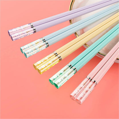 5 Pairs Fiberglass Chopsticks - Amber Cherry Blossom Pattern, Multicolor - Japanese & Korean Chopsticks - Reusable, Dishwasher Safe - Yellow, Pink, Blue, Green, Purple