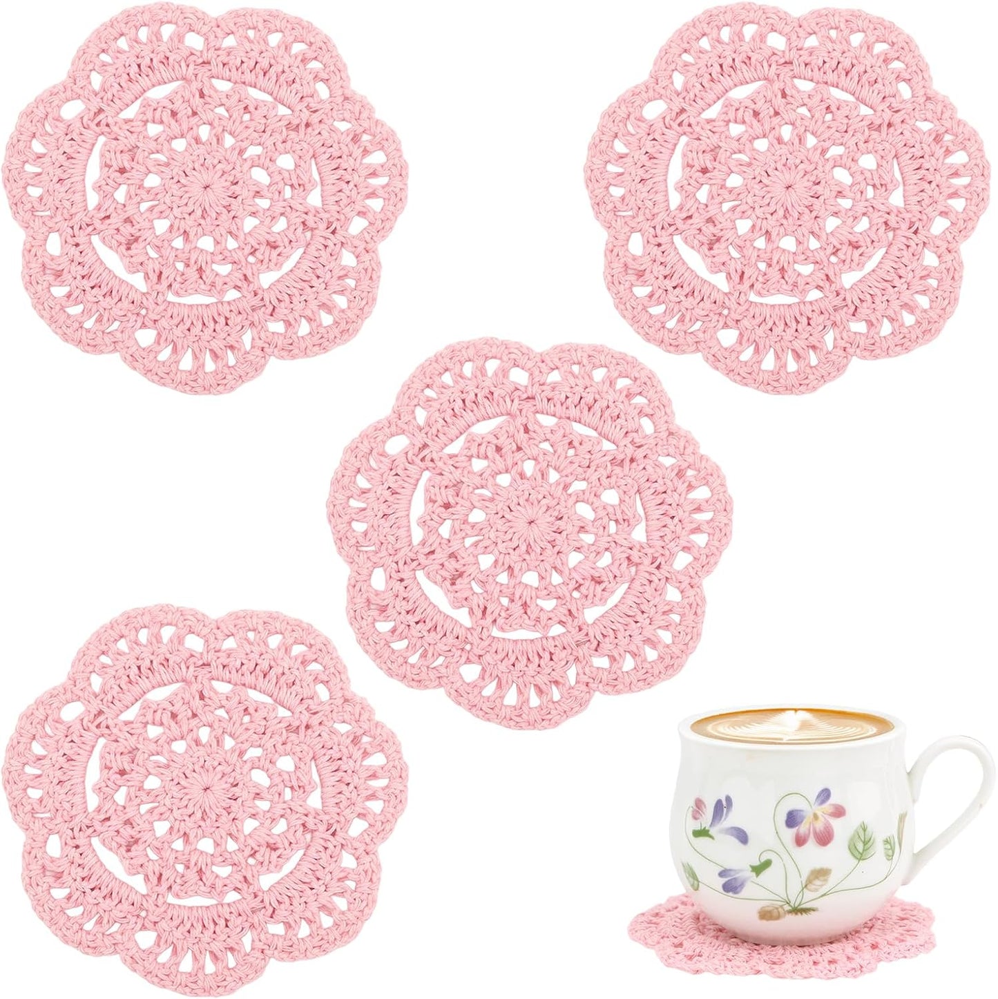 kilofly Small Crochet Cotton Lace Coasters Doilies Pack Set, 4pc, Round, 4 inch (Pink)