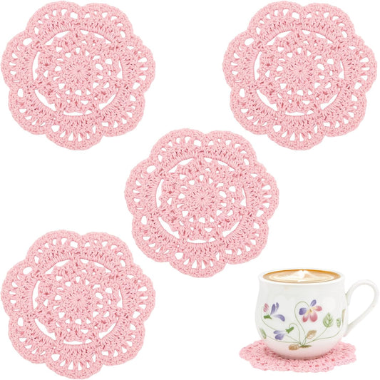 kilofly Small Crochet Cotton Lace Coasters Doilies Pack Set, 4pc, Round, 4 inch (Pink)