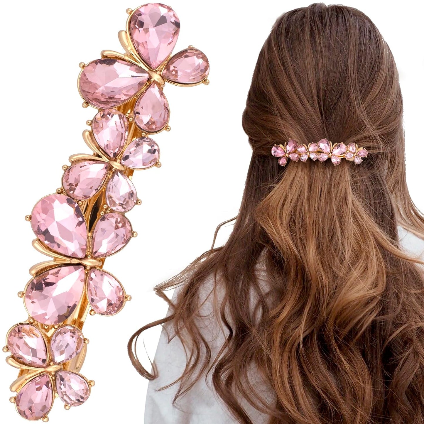 Joez Wonderful Rhinestone Hair Clips, Bridal Hair Accessories for Women, Sparkly Crystal Hair Pins, Fancy Hair Barrettes for Wedding, Bride, Long Hair (Pink Butterfly, 1 Pcs)