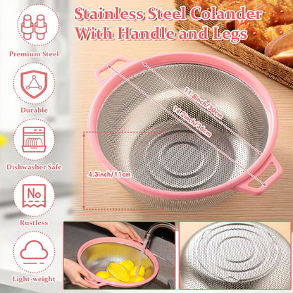 Ziliny 4 Pcs Mixing Bowls with Lids Plastic Nesting Bowls Set with Stainless Steel Colander 8 Pcs Measuring Cups and Spoons Set and Foldable Kitchen Funnel for Kitchen Cooking Accessories (Pink)