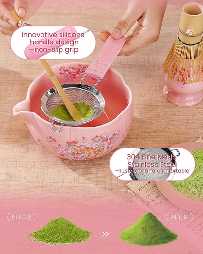 Matcha Whisk Set, 6pcs Matcha Kit Includes Large Matcha Bowl, Bamboo Whisk & Scoop with Cute Charm, Chasen Holder, Innovative Sifter, Tea Mat for Japanese Tea Ceremony-Floral Pattern