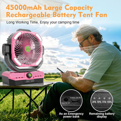 RUNTOP 45000mAh Large Battery Operated Fan, High Speed Oscillating Camping Fan with Remote,Quiet Adjustable Tilt Rechargeable Fans, Battery Powered fansfor Tent Home Office, Bedroom Travel (Pink)