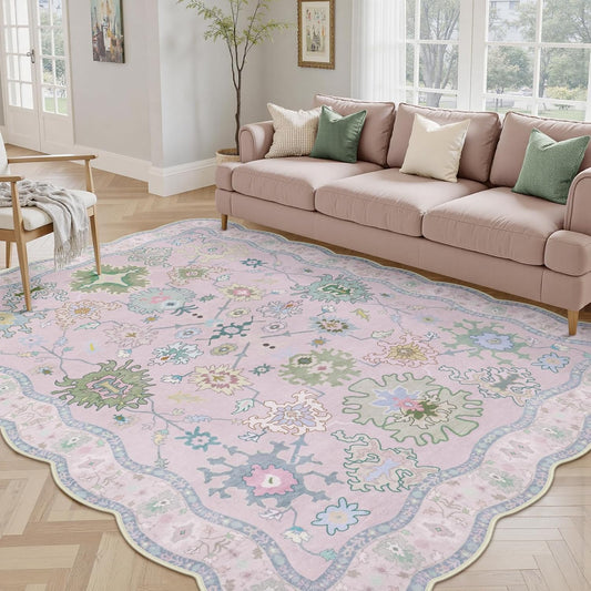 Oushak Pink Rugs for Bedroom Girls, 5x7 Washable Non Slip Area Rugs for Living Room, Scalloped Vintage Boho Floral Geometric Soft Carpet for Nursery Dorm Home Decor