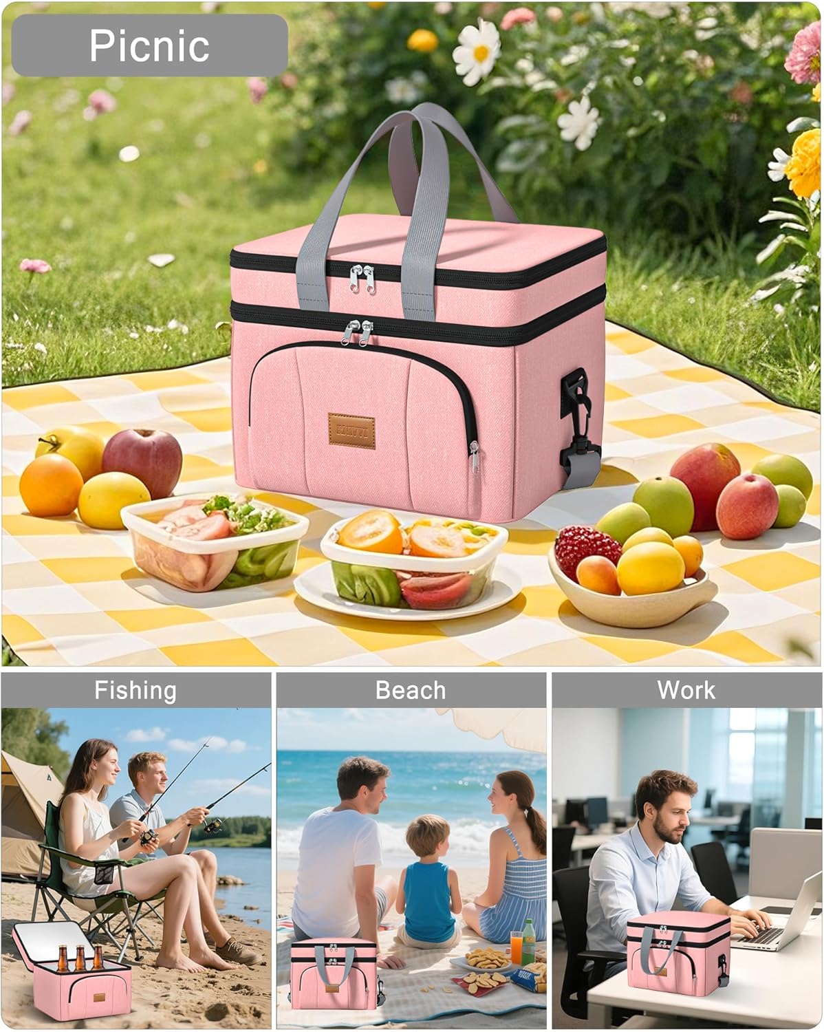 Rnivvi Lunch Box for Women, Double Decker Insulated Cooler Bag Lunch Bag Reusable Leakproof Tote Lunch Container with Strap for Work Family Picnic Hiking Camping, 18 Cans 12L, Large Adults, Rose Pink