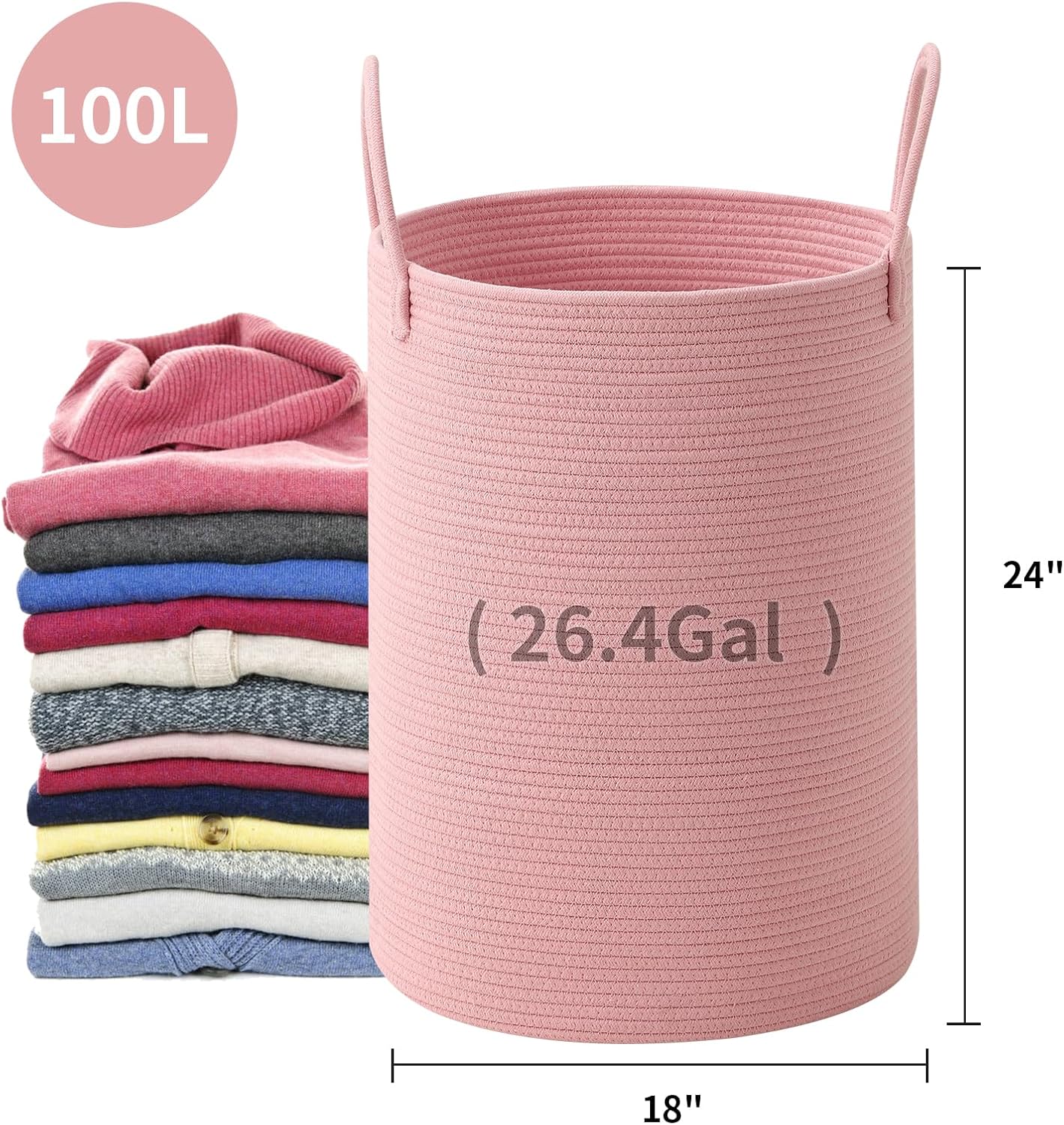 Laundry Basket Hamper Tall Rope Storage Woven for Blanket toys Dirty Clothes in Living Room Bathroom Bedroom (Pink, 100L/26.4Gal)