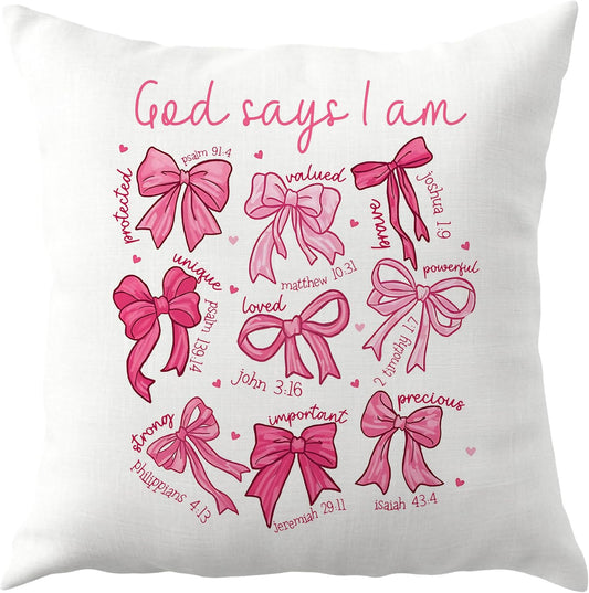 Coquette Pink Bow Christian Pillow Covers 18x18, Coquette Room Decor, God Says I Am Bow Bible Verse Religious Decorative Throw Pillow Covers for Girls Bedroom Dorm Living Room Home