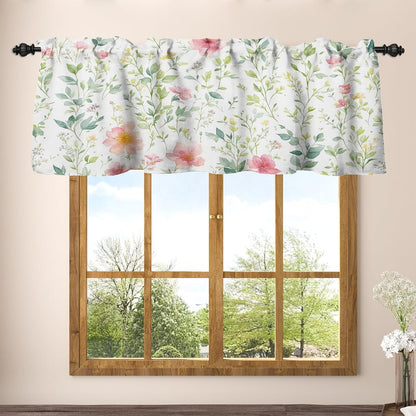 Renaiss 42x18 Inch Spring Floral Kitchen Valance Curtain Sage Green Leaf Pink Flower Short Cafe Curtains Farmhouse Rustic Window Treatment Valance Spring Home Decor