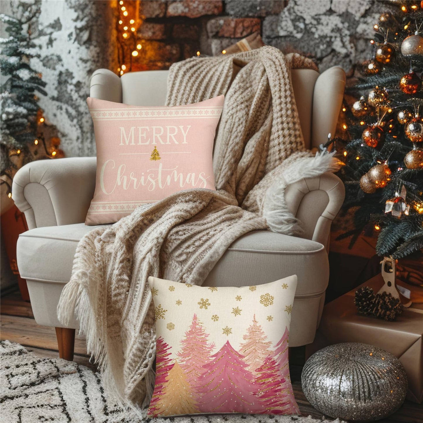 Christmas Pink Gold Snowflake Throw Pillow Covers Merry Christmas Tree Pillow Covers 18x18 Set of 4 Winter Holiday Cushion Case Polka Dot Decoration for Sofa Couch