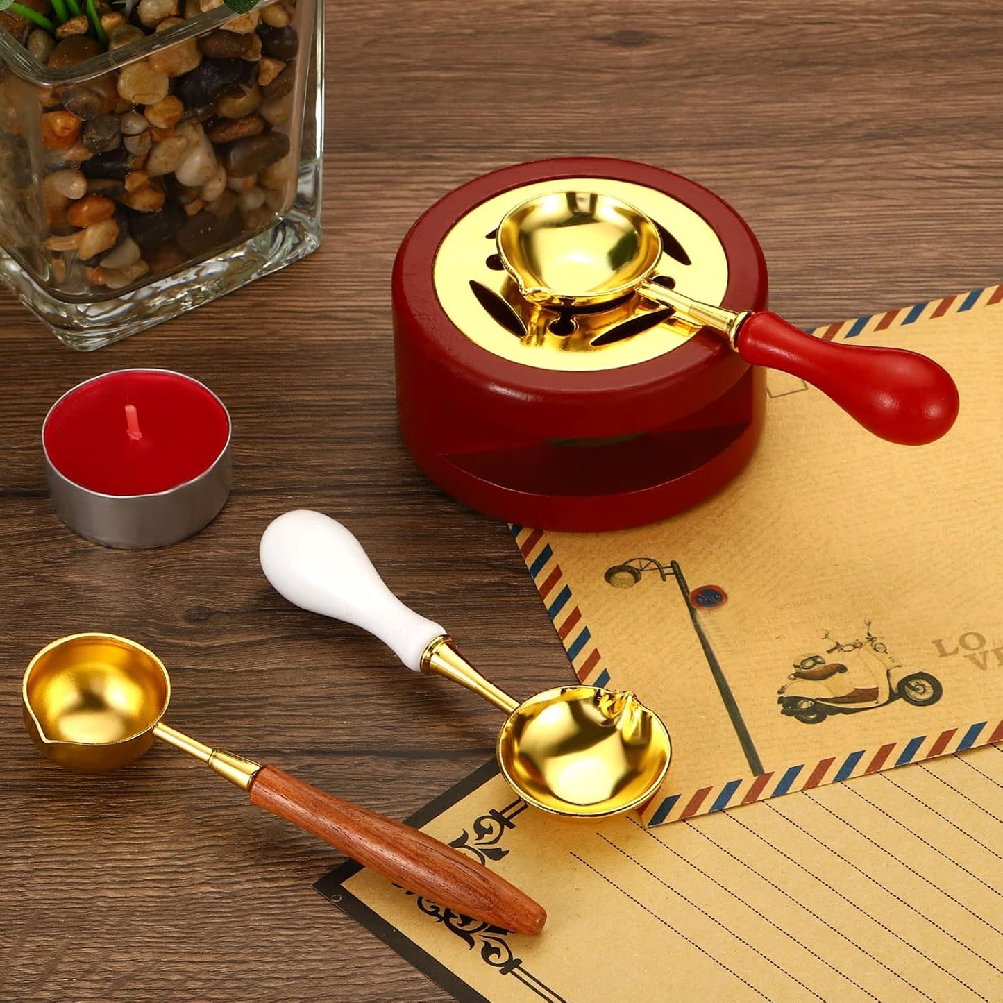 PATIKIL Seal Kit, Warmer With Melting Spoon, Retro Melt Stove Pot Furnace Tool for Wax Sealing Beads, Stamp Letter Envelope, Pink