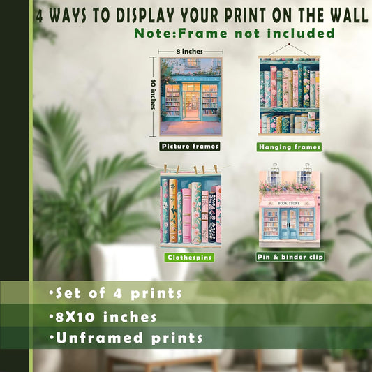 LUKIPOM Vintage Pink Floral Bookstore Wall Art Prints 8x10 Set of 4, Retro Botanical Book Wall Art Posters for Bookstore Bookshop Library Reading Room Nook Corner Classroom Decor, Unframed
