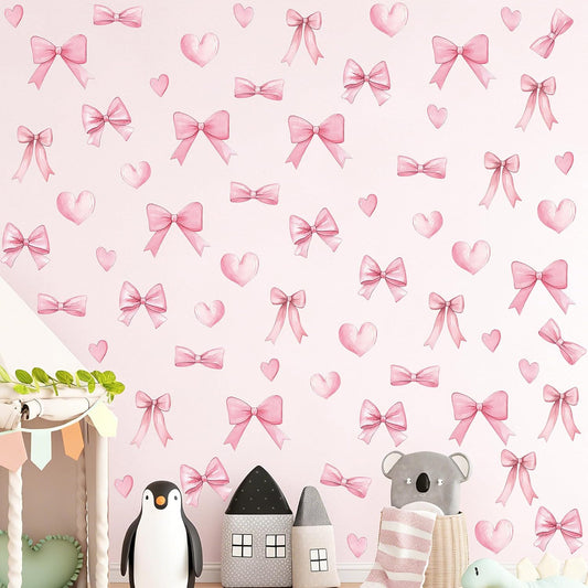 Arawat 48pcs Pink Coquette Bow Room Decor for Bedroom Bowtie Wall Stickers for Bathroom Pink Bow Room and Wall Decor Heart Decoration Vinyl Peel and Stick Room Decoration for Bedroom