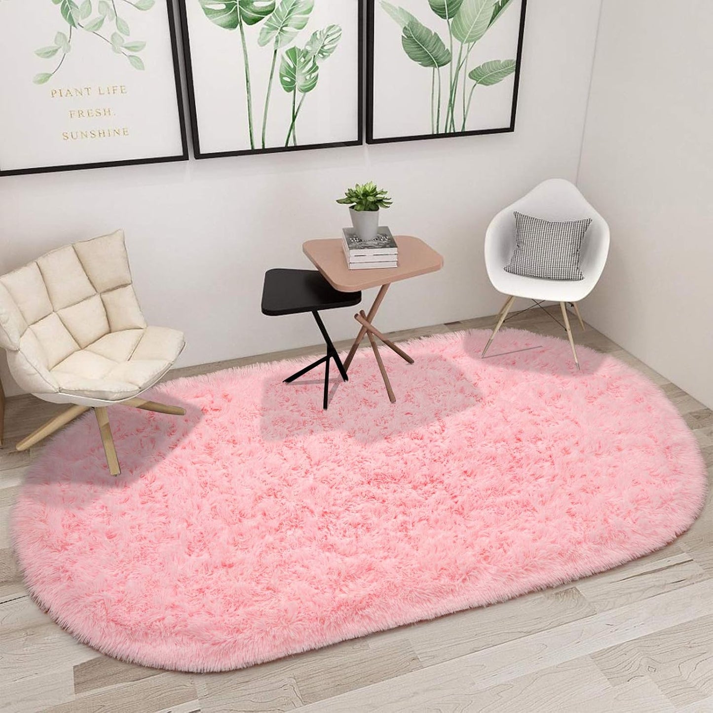 junovo Ultra Soft Washable Shaggy Rug - Non-Slip Oval Carpet for Nursery, Kids Bedroom & Home Decor (2.6x5.3ft Pink) | Plush Fluffy Floor Mat for Cozy Living Spaces