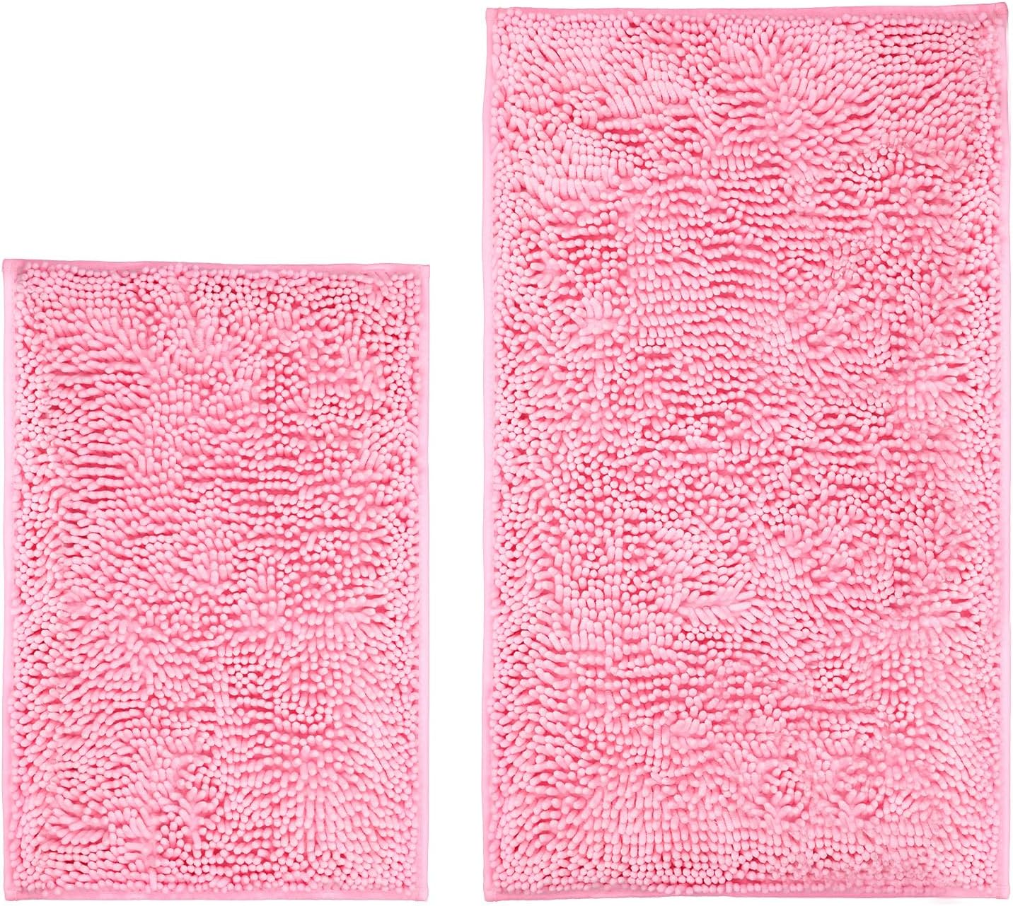 LanYunUmi Pink 2 Pieces Bathroom Rugs, Ultra Soft Non Slip Absorbent Chenille Toilet Bath Mat Set Rugs for Slip-Resistant Shag Extra and Rug Shower Room Machine-Washable Fast (Pink, 20"x32"+16"x24")