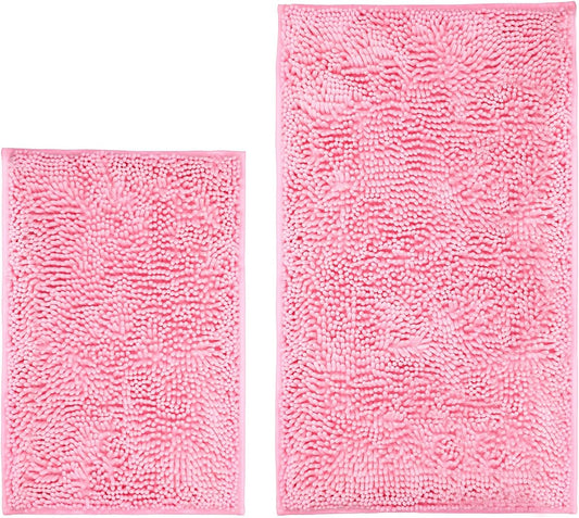 LanYunUmi Pink 2 Pieces Bathroom Rugs, Ultra Soft Non Slip Absorbent Chenille Toilet Bath Mat Set Rugs for Slip-Resistant Shag Extra and Rug Shower Room Machine-Washable Fast (Pink, 20"x32"+16"x24")
