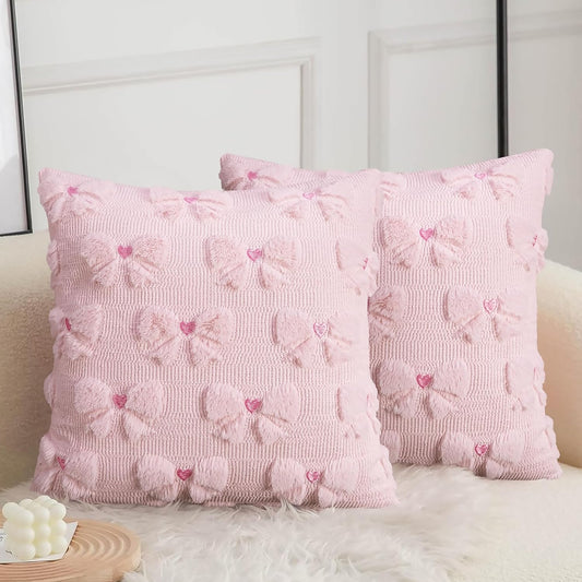 Merrycolor Light Pink Bow Pillow Covers with Embroidered Heart Pattern18x18 inch Cute Room Decor Set of 2 Soft Plush Faux Fur Jacquard Throw PillowsCases Aesthetic Pillow for Preppy Room Bedroom Couch