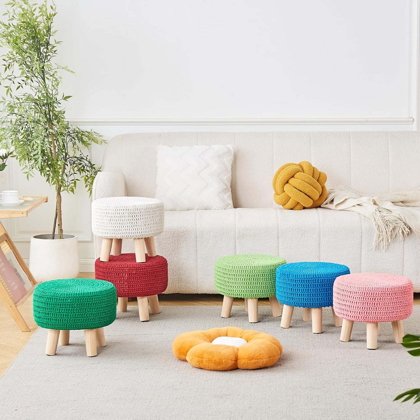 Wimarsbon Pouf Ottoman, 100% Cotton Knitted Boho Footstool, Round Footrest with Non-Skid Wood Legs, Home Décor Handmade Pouffe, Leisure Floor Step Stool for Living Room (Pink)