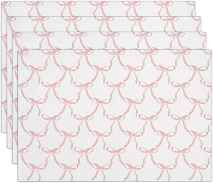 Pink Bow Placemats Set of 4, 12x18 Inch Waterproof Washable Heat Resistant Place Mats, Table Placemats for Dining Restaurant Farmhouse Decoration, Indoor Outdoor Table Decor -rc12