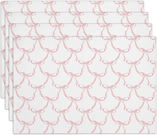 Pink Bow Placemats Set of 4, 12x18 Inch Waterproof Washable Heat Resistant Place Mats, Table Placemats for Dining Restaurant Farmhouse Decoration, Indoor Outdoor Table Decor -rc12
