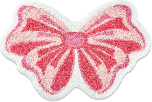 Pink Bow Bathroom Rug, Soft Tufted Plush Washable Non-Slip Kawaii Bow Bath Mat, Bedroom Kitchen Floor Door Mat for Home