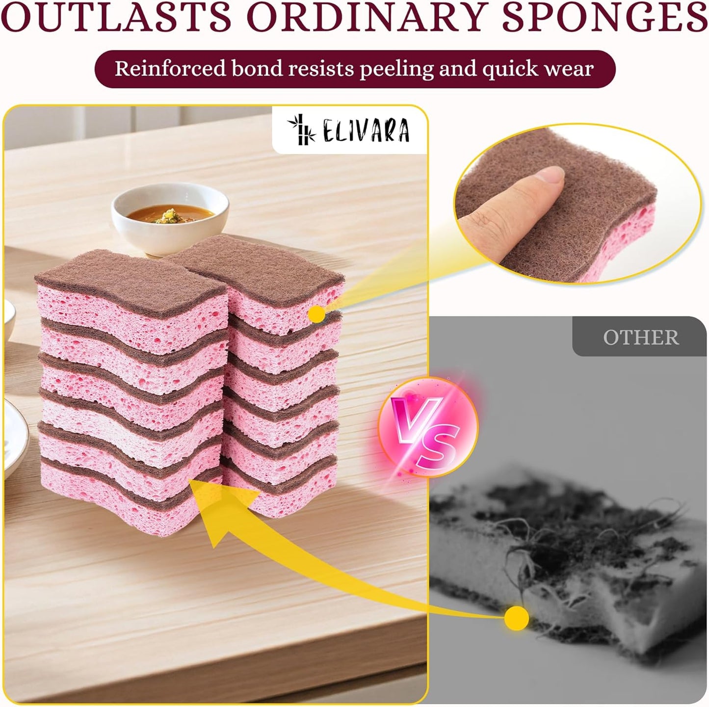 Kitchen Sponges – 12 Pack – Non-Scratch Dual-Sided Cellulose Scrub Sponges for Dishes, Pots, and Pans – Durable, Absorbent, and Reusable (Brown/Pink)