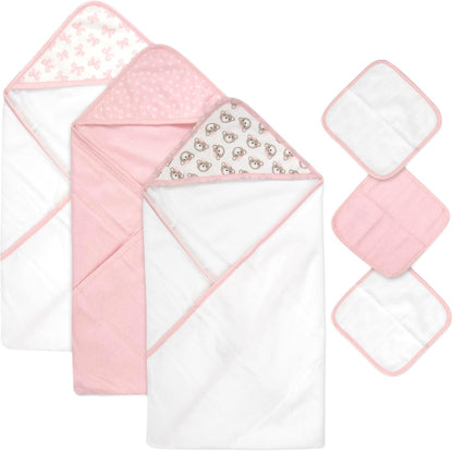 Hooded Baby Bath Towel and Washcloth 6 Piece Set for Newborns, Infants & Toddlers, Boys & Girls Baby Hooded Towels Set (Pink Bows and Teddy Bears)