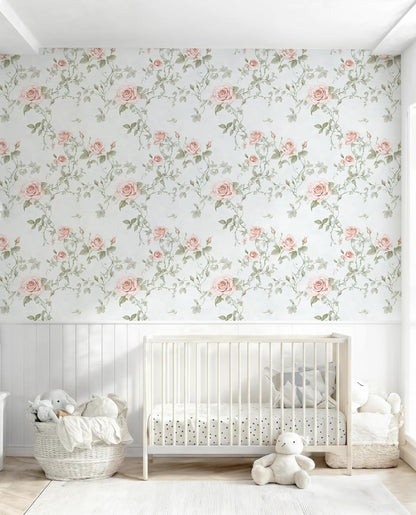 Floral Peel and Stick Wallpaper Pink Flower Wall Paper Vintage Botanical Green Leaf Contact Paper for Cabinet Bedroom Waterproof Self Adhesive Removable Vinyl Roll Deco 17.3" x 78.7"