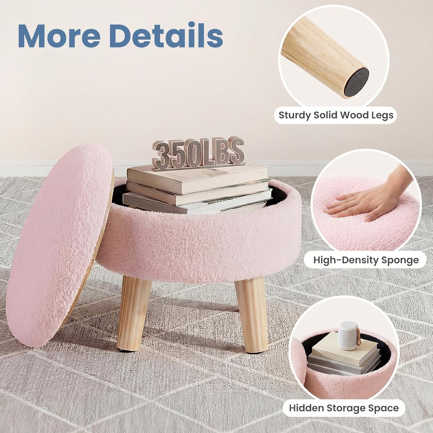 DUMOS Round Storage Ottoman Foot Rest, Compact Boucle Upholstered Footstool with Hidden Storage, Padded Seat, Small Coffee Table for Living Room, Bedroom, Pink