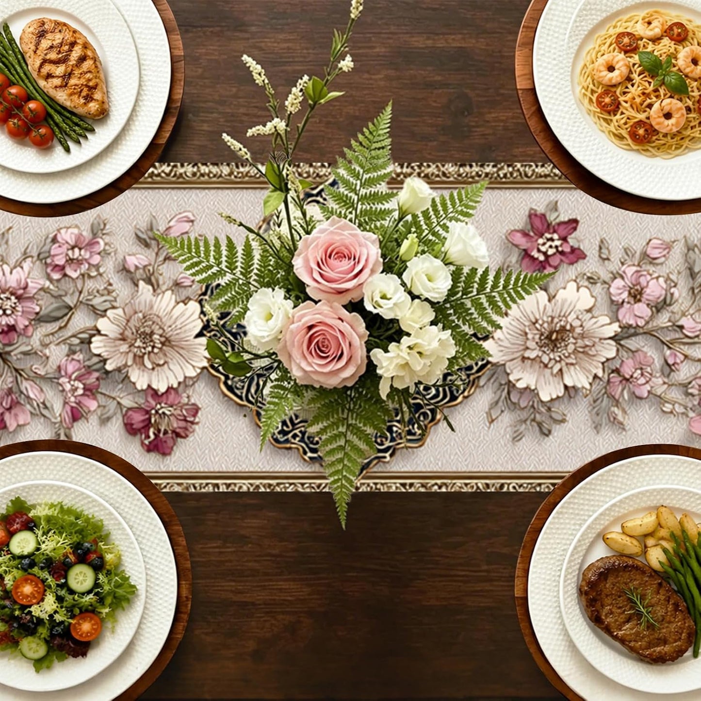 Nuxovilar Pink Floral Embossed Flax Table Runner 13x72 Inches - Elegant Floral Table Runner for Romantic Dinners, Feminine Spaces, Luxury Decor