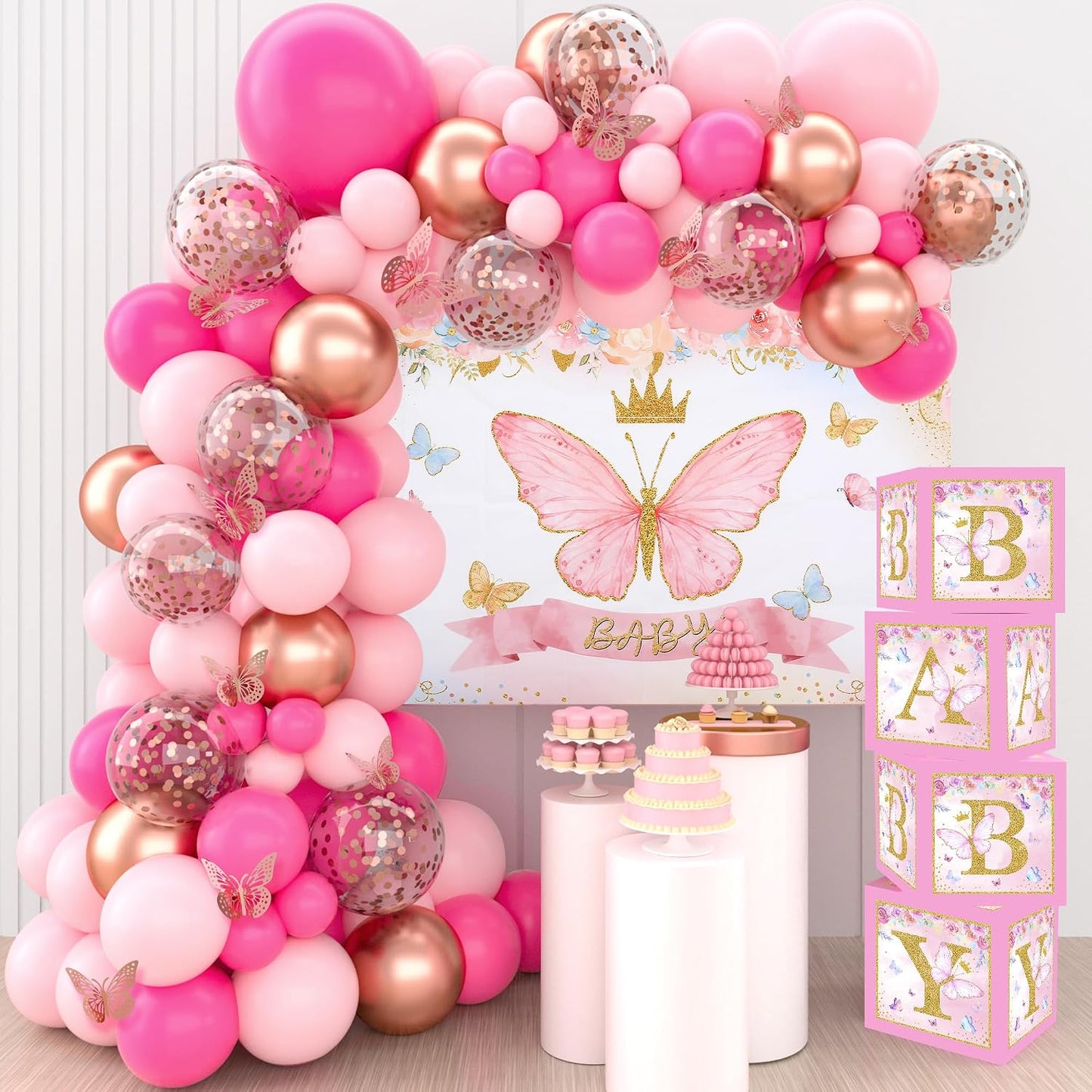 Pink Butterfly Baby Shower Decorations for Girl Pink Balloon Arch Kit Baby Boxes and Backdrop Kit for Baby Shower Decorations Butterfly Theme Birthday Party Decor