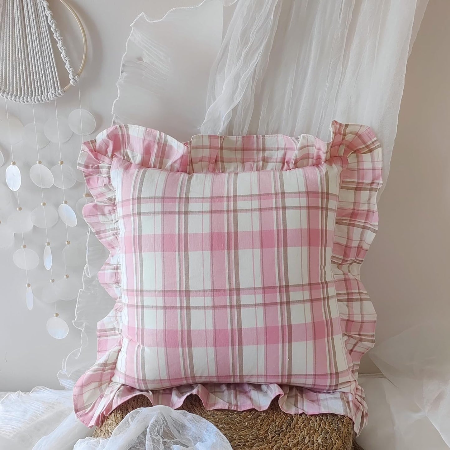Pink Plaid Throw Pillow Covers, 100% Cotton Ruffle Edge Cushion Covers, Farmhouse Shabby Decorative Chic Pillowcases for Living Room Sofa Bedroom Girls Room, 18x18 Inch Set of 2