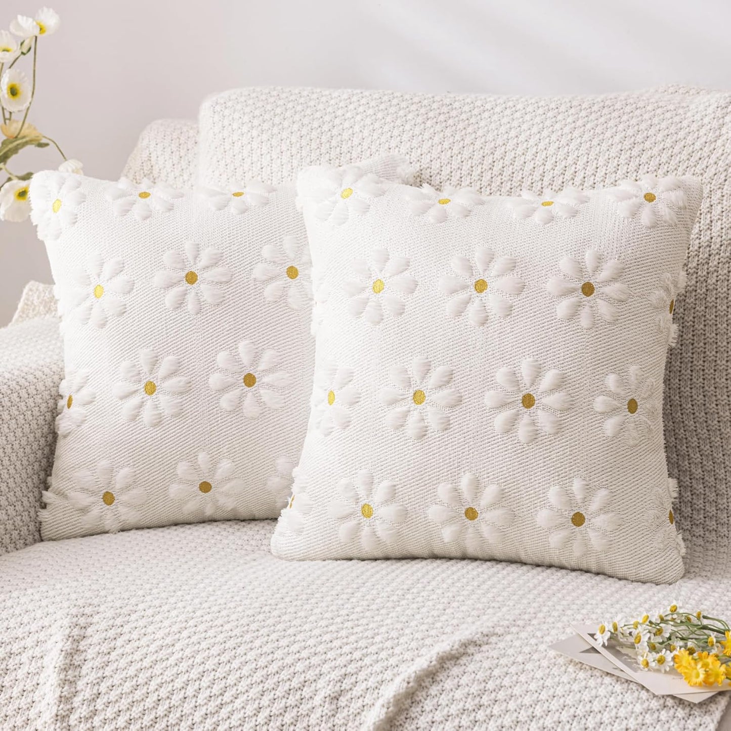 AQOTHES Spring Summer Pink Throw Pillow Covers 18x18 inch Set of 2 Flower Floral Faux Fur Cute Throw Pillows for Sofa Couch Living Room Decor