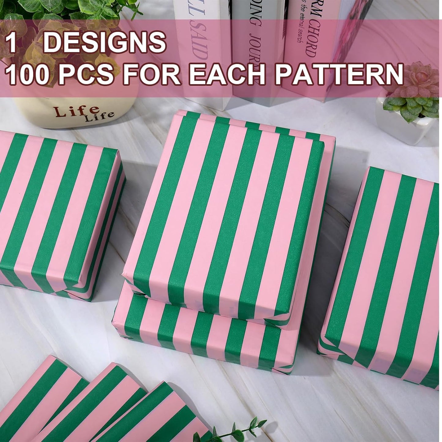 JarThenaAMCS 100 Sheets Stripe Gift Wrapping Paper Pink Green Stripe Decorative Art Tissue for DIY Crafts Holiday Wedding Baby Shower Birthday Party, 14 x 20 Inch