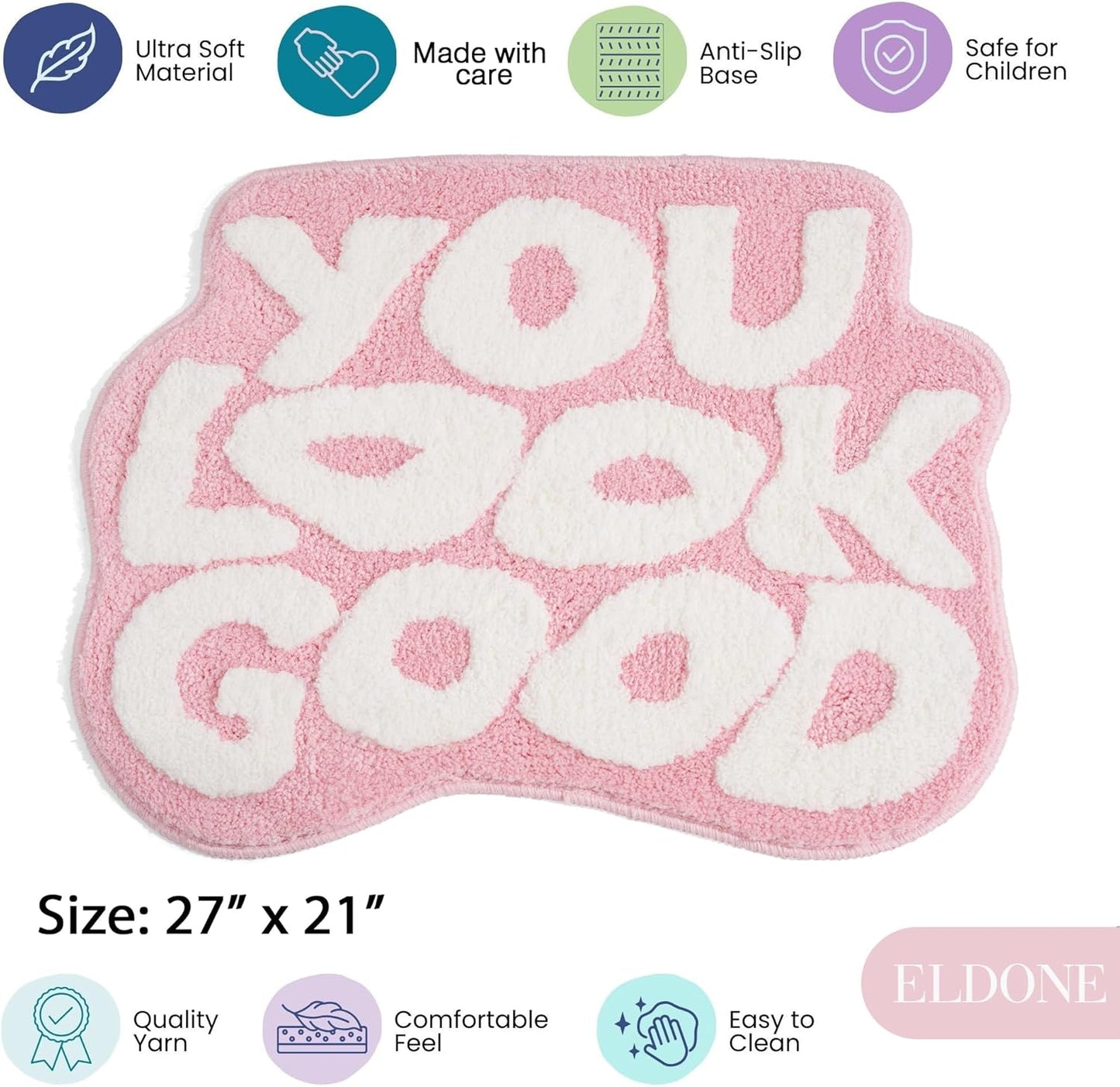 ELDONE You Look Good Bath Mat - Cute Light Pink Bathroom Rugs Non Slip Washable, Blue Bathroom Decor, Bedroom Decor Aesthetic, Funny Funky Trendy Pink and White Bathroom Mats 25" x 21"