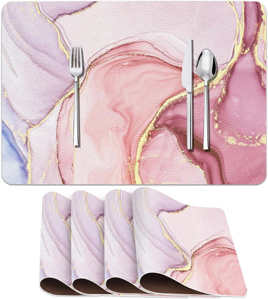 Faux Leather Placemats Set of 4, Marble Watercolor Vintage Pink Girl Cute PU Placemat for Ding Table Heat-Resistant Non-Slip Table Place Mats for Party Coffee Bar,12×17 Inch