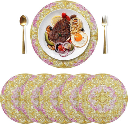 Retro Floral Pattern Gold and Peach placemats for Dining Table Round Reusable Place mats Washable Cloth placemats platemats placemats Heat Resistant Waterproof Vinyl placemats Set of 6