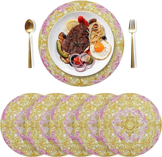 Retro Floral Pattern Gold and Peach placemats for Dining Table Round Reusable Place mats Washable Cloth placemats platemats placemats Heat Resistant Waterproof Vinyl placemats Set of 6