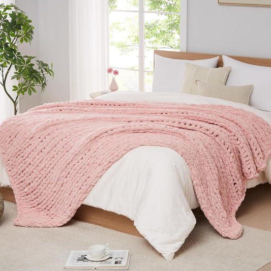 Chunky Knit Chenille Blanket Throw - 50x60, Pink: Soft, Breathable, Machine Washable, Perfect for Bed, Couch, or Gift
