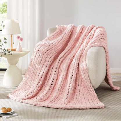 Chunky Knit Chenille Blanket Throw - 50x60, Pink: Soft, Breathable, Machine Washable, Perfect for Bed, Couch, or Gift