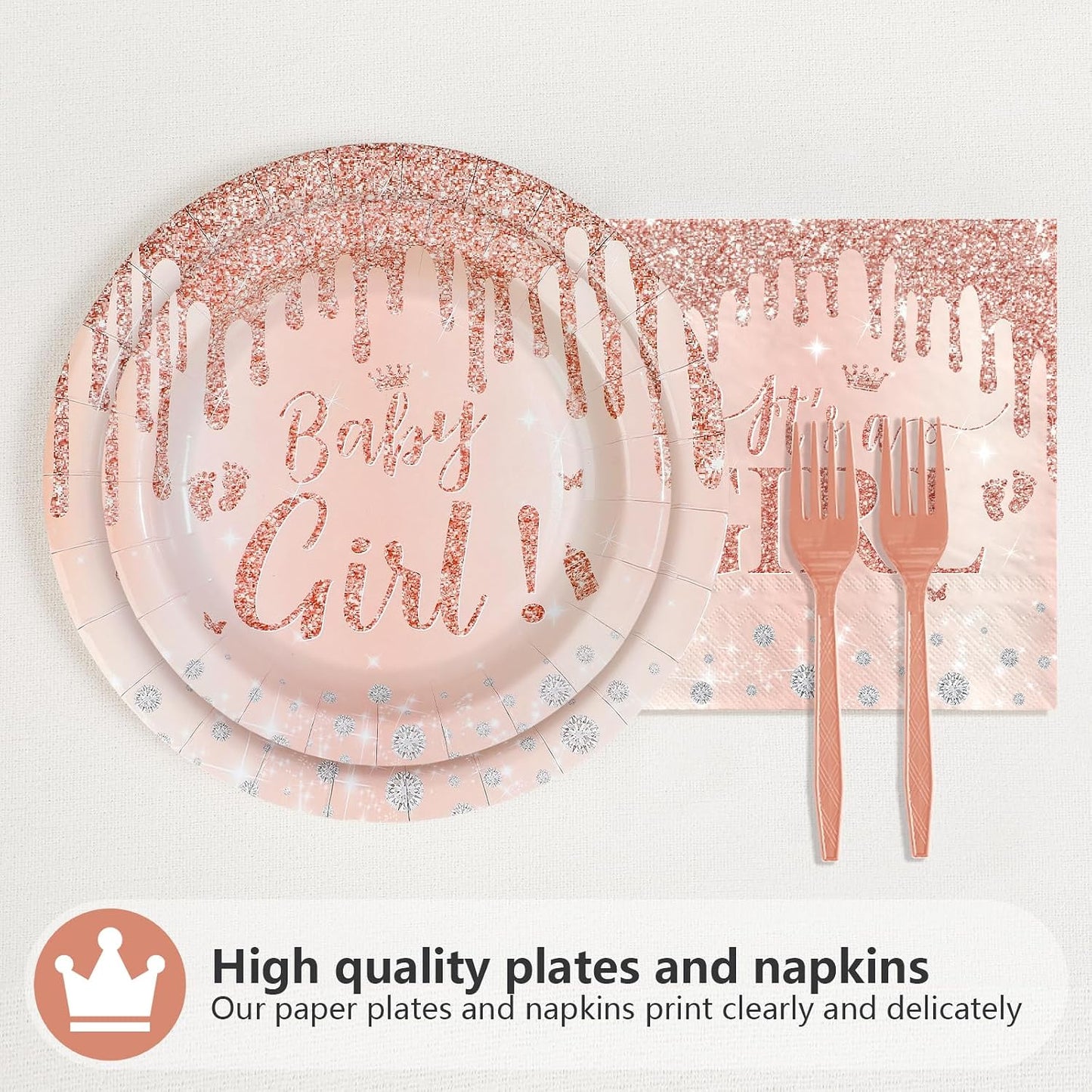 96Pcs It's a Girl Baby Shower Decorations Diamond Rose Gold Plates and Napkins Pink Girl Theme Disposable Paper Tableware Set for Girls Gender Reveal Baby Shower Birthday Party Supplies Serves 24