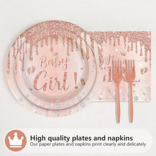 96Pcs It's a Girl Baby Shower Decorations Diamond Rose Gold Plates and Napkins Pink Girl Theme Disposable Paper Tableware Set for Girls Gender Reveal Baby Shower Birthday Party Supplies Serves 24