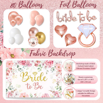 189 Pc Rose Gold Bridal Shower Decorations Kit – Bachelorette Party Set | Oxford-cloth backdrop, balloon arch, Bride-to-Be sash/veil/tiara, 12 photo props, foil balloons + printable games