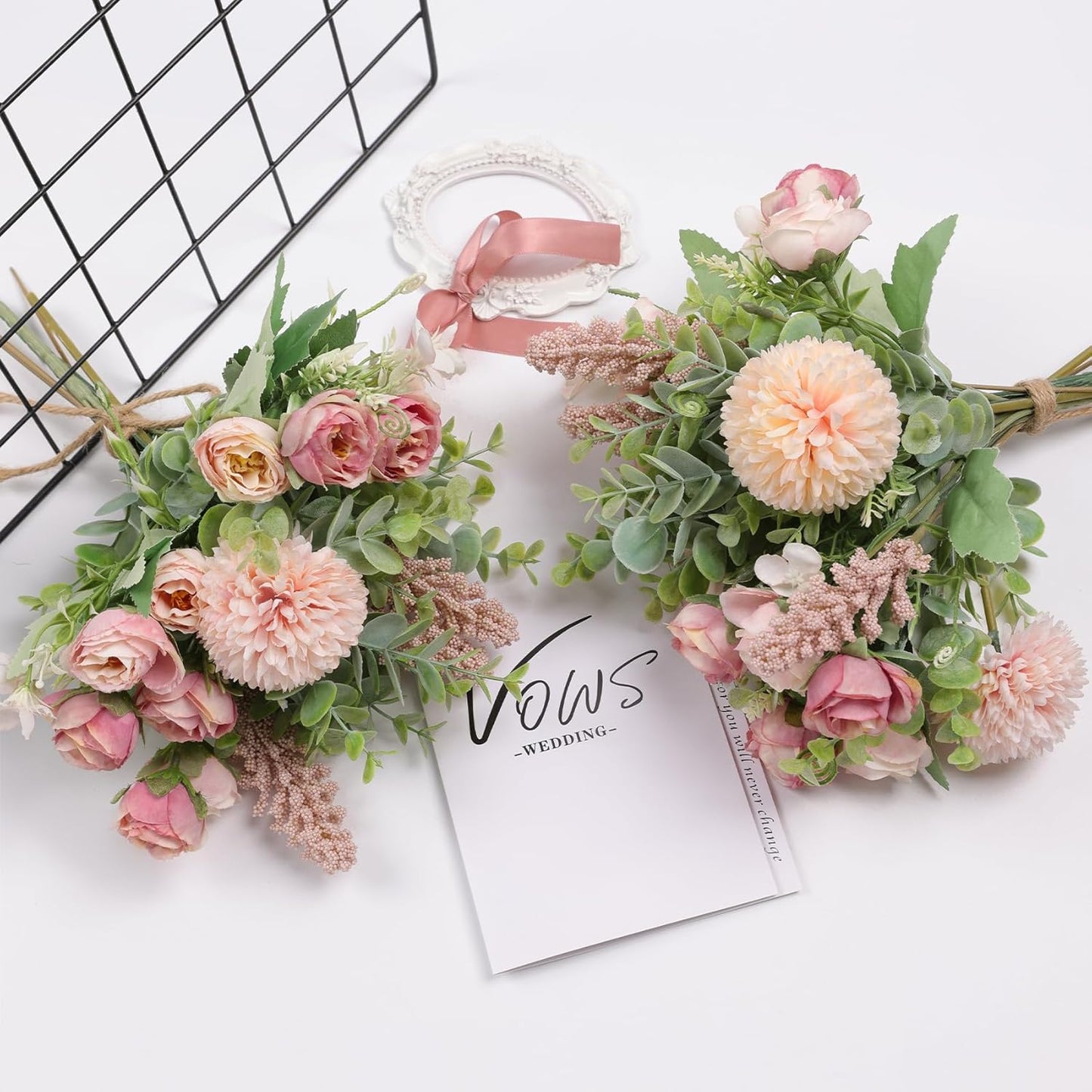 3Pcs Rose Bouquet Pink Artificial Flowers Eucalyptus Plants Fake Silk Flower Arrangements Wedding Bouquets Decorations Plastic Floral Table Centerpieces for Home Kitchen Garden Party Decor