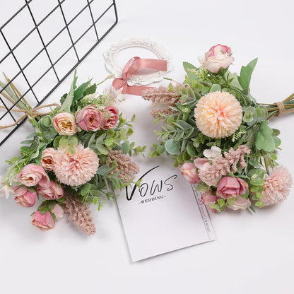 3Pcs Rose Bouquet Pink Artificial Flowers Eucalyptus Plants Fake Silk Flower Arrangements Wedding Bouquets Decorations Plastic Floral Table Centerpieces for Home Kitchen Garden Party Decor