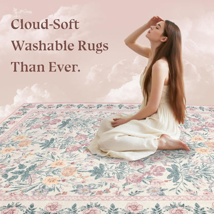 Pink Rugs for Living Room: Floral 5x7 Washable Area Rug for Nursery Bedroom - Soft Easy Clean Kid & Pet-Friendly Non-Slip Carpet - Oriental Girls Home Decor