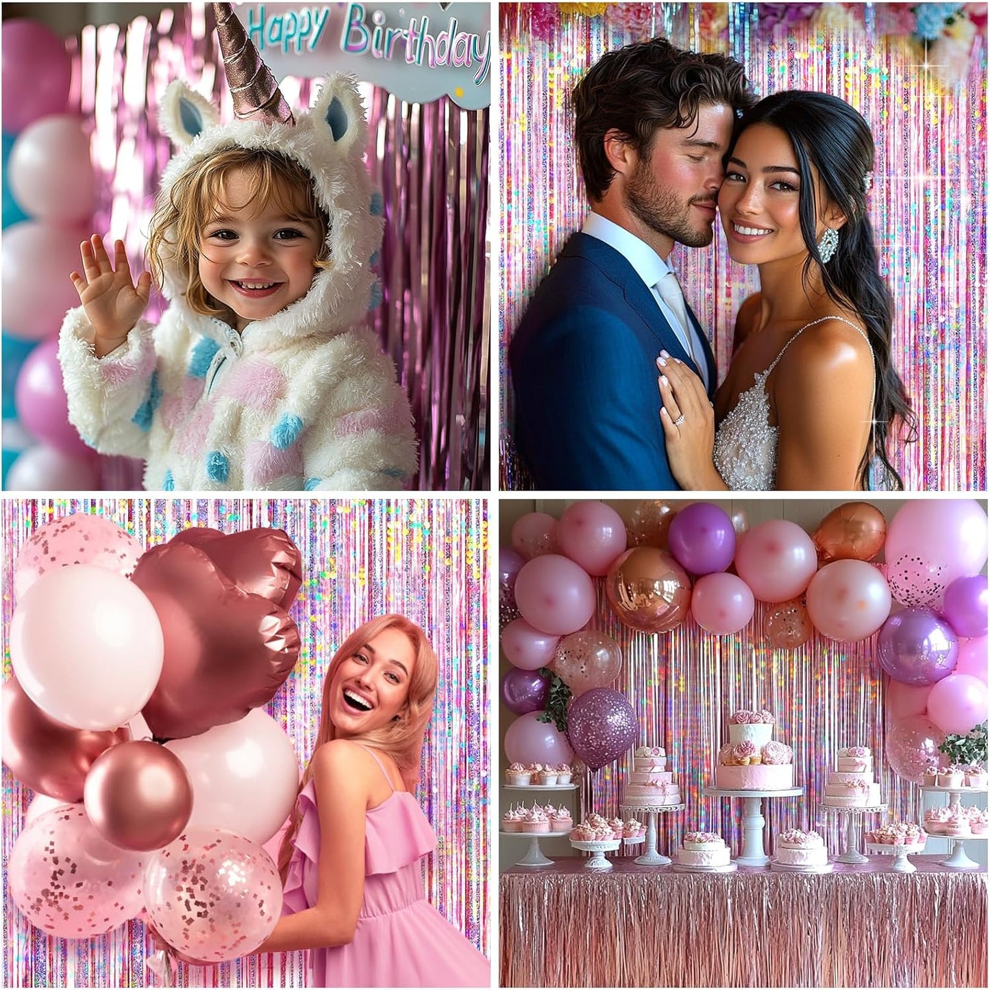 4 Packs Pink Foil Fringe Curtain, Pink Glitter Metallic Tinsel Backdrop for Birthday, Wedding, Baby Shower, Princess Bachelorette Cowgirl Party Decorations Supplies